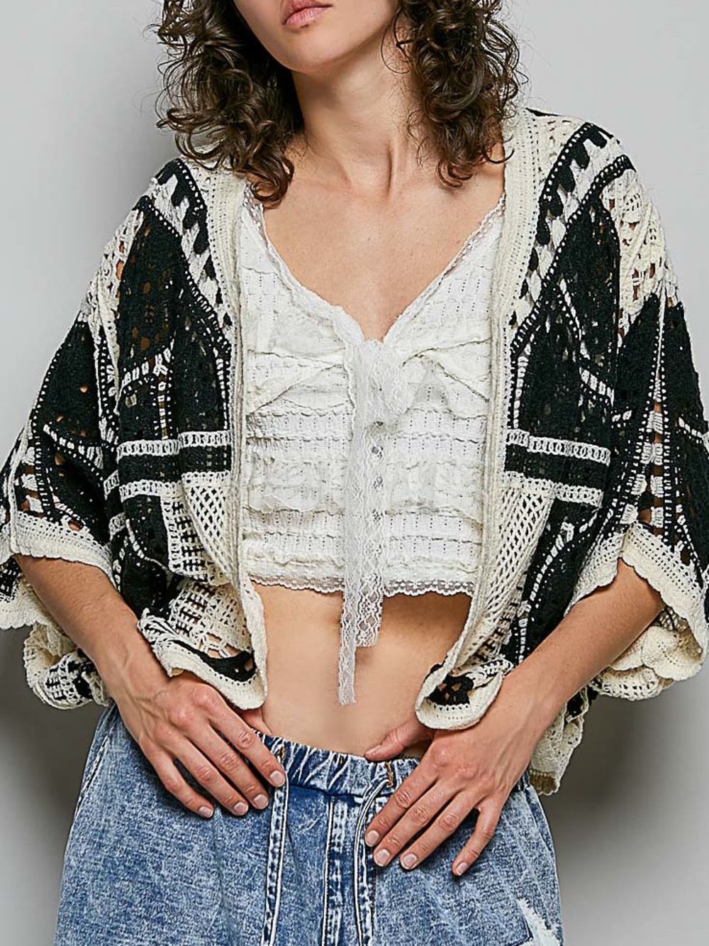 NWT POL Bohemian Black Cream Crochet Cardigan Sweater One Size